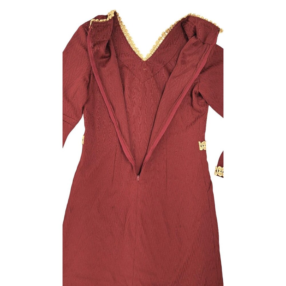 Vintage Handmade Maroon Dress Gold Gimp Trim Long Sleeve Chevron Texture Zip 70s - Picture 8 of 16